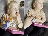 英国2岁女童不停打瞌睡 仍努力保持清醒想要吃完零食