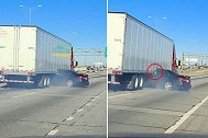 美国一小轿车被卡在卡车底部拖行 半个车身被压住司机仍淡定挥手