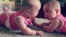 双胞胎小宝宝面对面趴着，一直要爬向对方，太可爱了