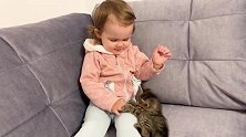 小奶猫依偎在宝宝身边撒娇，太萌了