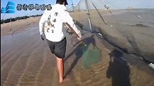 小哥到赶海宝地捕鱼，拿上抄网一顿猛操作，进了个几斤的舌头鱼