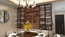 新中式风格客餐厅设计方案，采用胡桃木卡黄钛金再搭配墙布