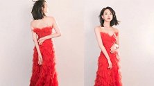 宋茜写真照曝光，一袭红色堆叠长裙，配齐肩短发温柔还大气！