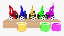 彩色大吊车吊起彩色挖掘机足球放进染色杯，渲染色彩真有趣