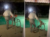 调皮！90岁老人扶着助行器将6岁曾孙踢进泳池中
