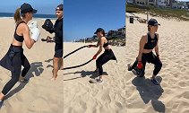 莎娃晒沙滩健身视频大秀好身材 搏击战绳壶铃花样百出