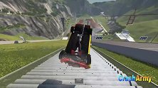 BeamNG：校车开足马力从超长楼梯上玩飞跃撞车，画面够酸爽