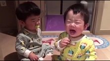 哥哥抢了弟弟奶嘴，看见弟弟瘪嘴大哭自己也跟着哭起来，太逗了