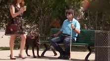 国外恶搞，路人帮盲人捡他的宠物狗粑粑，不料盲人竟被美女吸引？