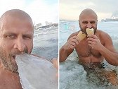 俄罗斯：战斗民族！男子冰天雪地里泡在冰湖中吃冰块喝冷饮