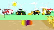 玩具消防车，挖土机救援侧翻的翻斗车，拖拉机播种